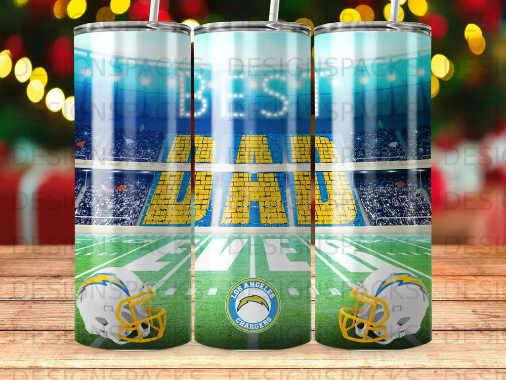 Los Angeles Chargers "BEST DAD" tumbler with stadium and helmet graphics.