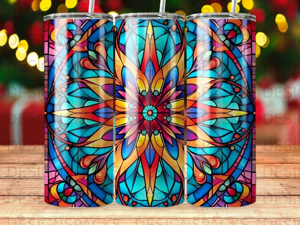 Colorful stained glass pattern on a tumbler.