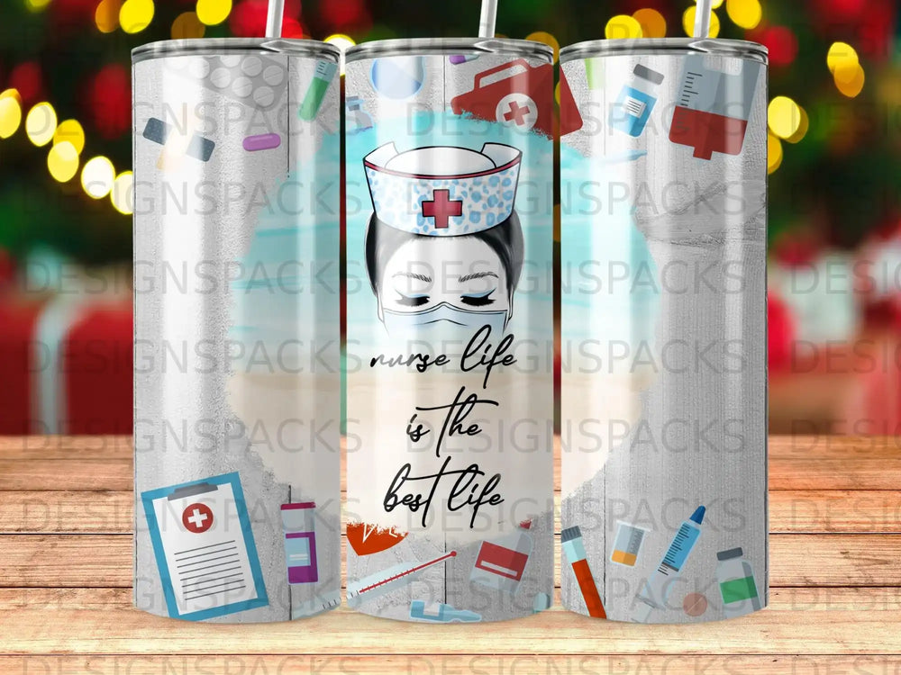 Tumbler with nurse theme featuring stethoscope, medical symbols, and text "nurse life is the best life".