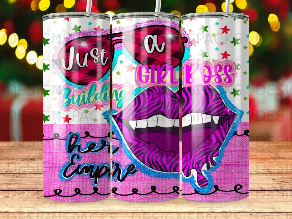 Pink and blue tumbler with zebra lips, sunglasses, and "Just Building a Girl Boss Empire" text.