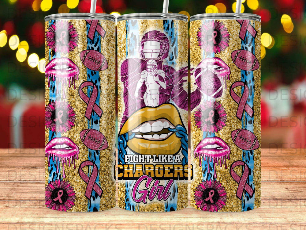 Tumbler with football player, lips, glitter, and pink ribbon graphic.