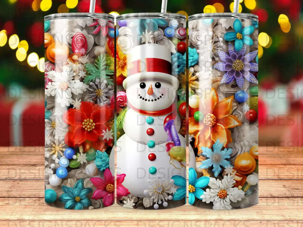 Snowman with colorful flowers, candy, and snowflakes festive tumbler design.