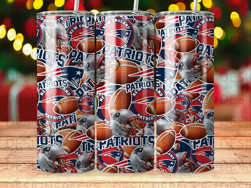New England Patriots collage pattern with footballs and helmets.