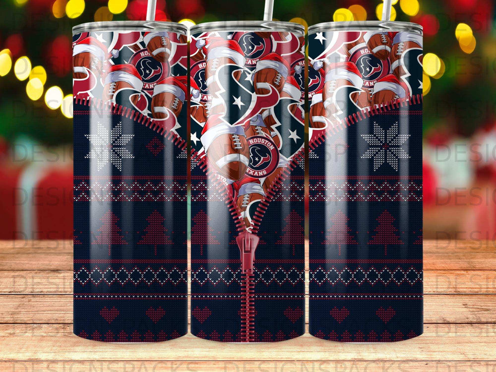 Houston Texans logo and snowflake pattern on a zipper-detailed tumbler.