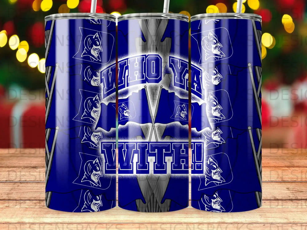 Blue tumbler with "WHO YA WITH!" text and blue devil mascots.