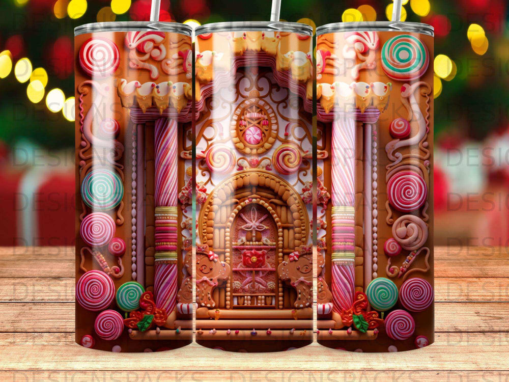 Gingerbread house design with candy canes, gumdrops, and icing on a tumbler.