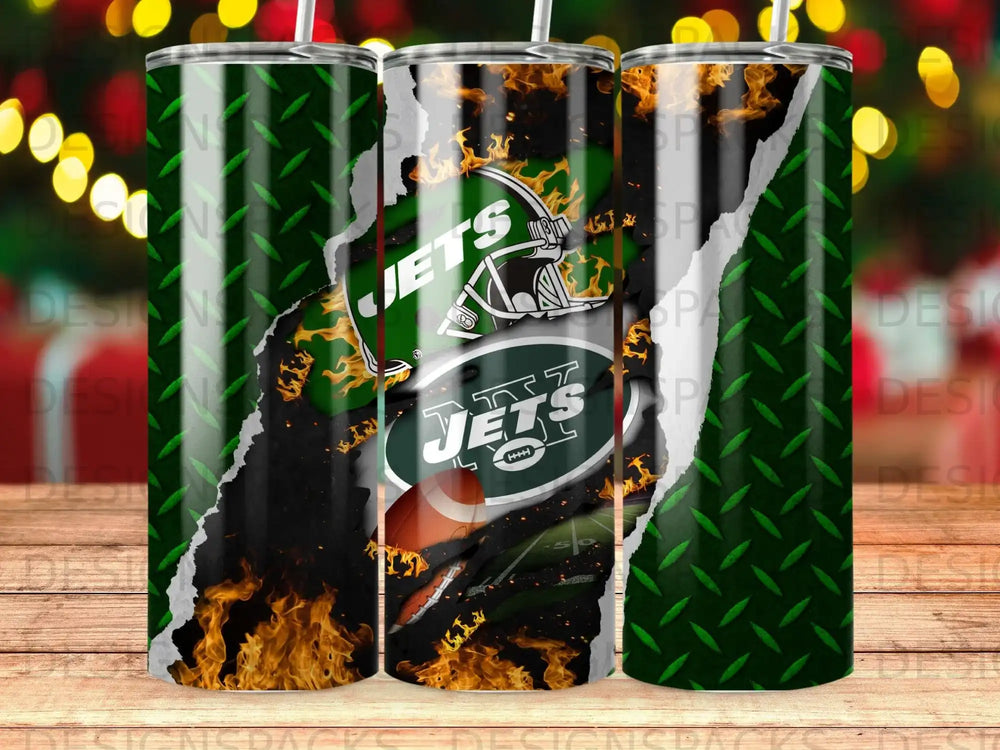 New York Jets football team logo on a ripped metal and flames tumbler.