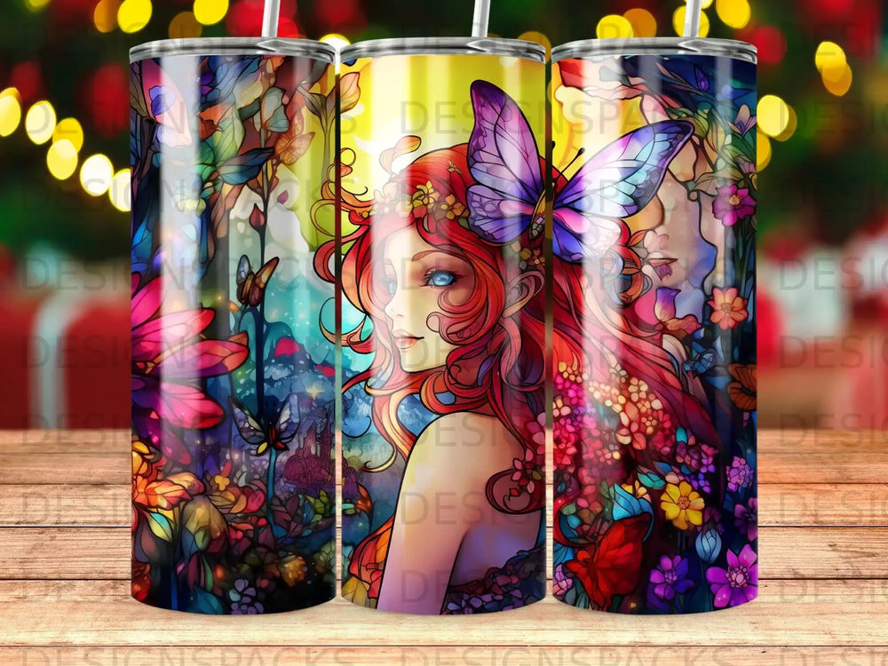 Woman with long red hair and butterfly crown surrounded by colorful flowers and leaves.