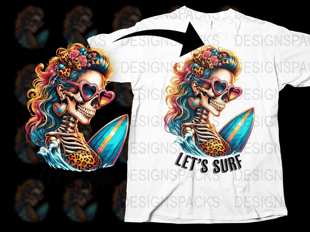 Colorful Surfing Day of the Dead Skull T-Shirt, Unisex Skeleton Graphic Tee, Beach Apparel