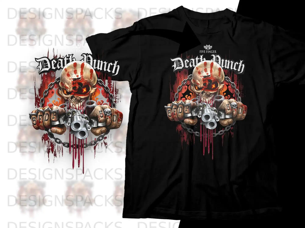 Black t-shirt with Five Finger Death Punch logo, skull, and guns.