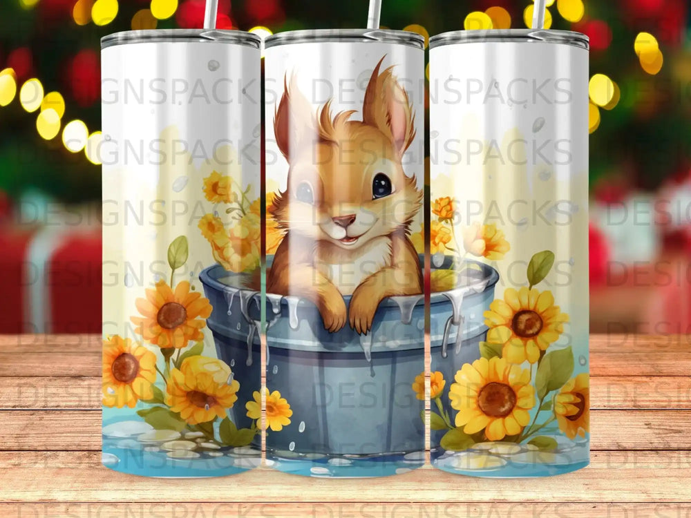 A squirrel in a bucket surrounded by sunflowers on a tumbler.