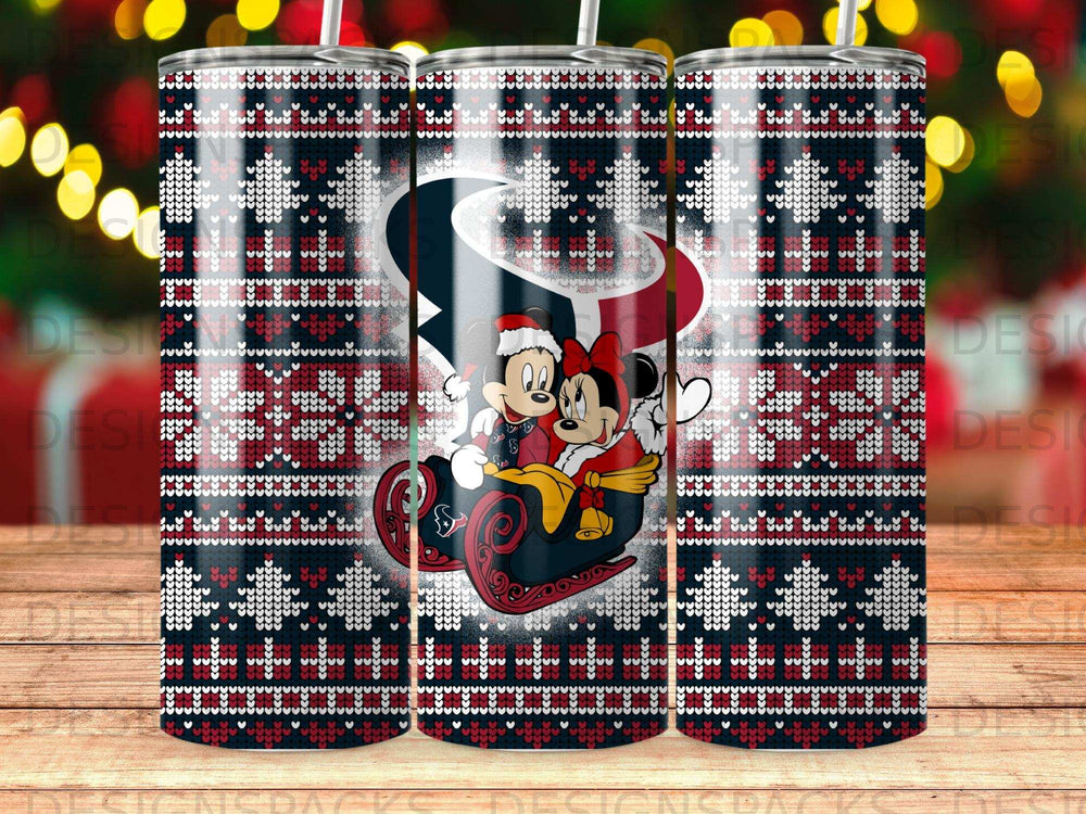 Mickey and Minnie Mouse in sleigh on Houston Texans ugly Christmas sweater tumbler.