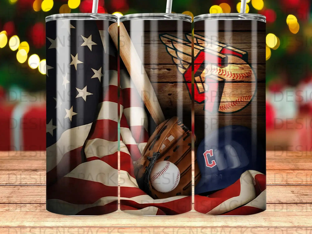 Baseball, glove, American flag, and helmet on a wooden background.