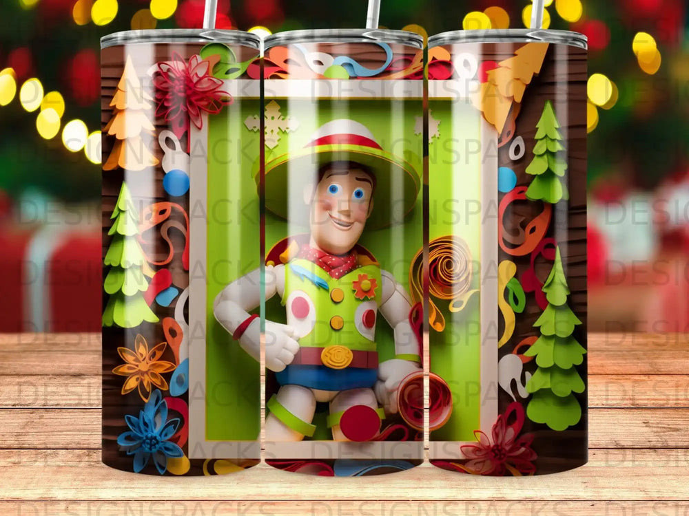 Toy Story's Woody character on a tumbler with floral and festive decorations.