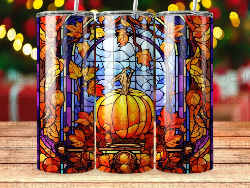 Stained glass window design with pumpkin and autumn leaves.