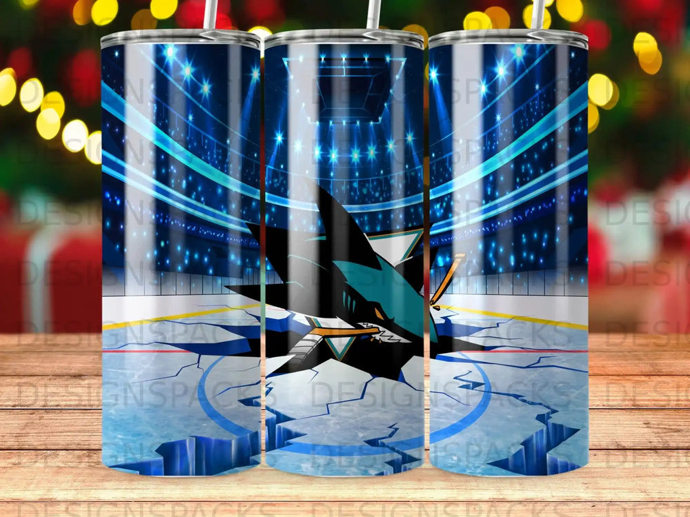 San Jose Sharks logo breaking through cracked ice rink, stadium lights.