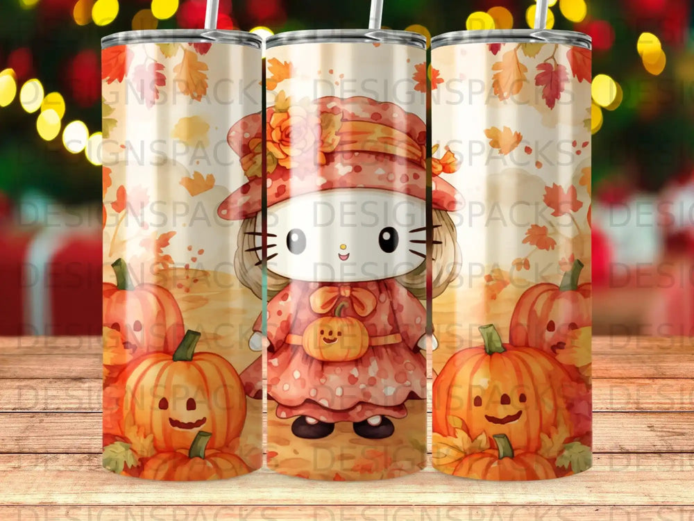 Tumbler with cartoon cat in pumpkin costume and autumn leaves.