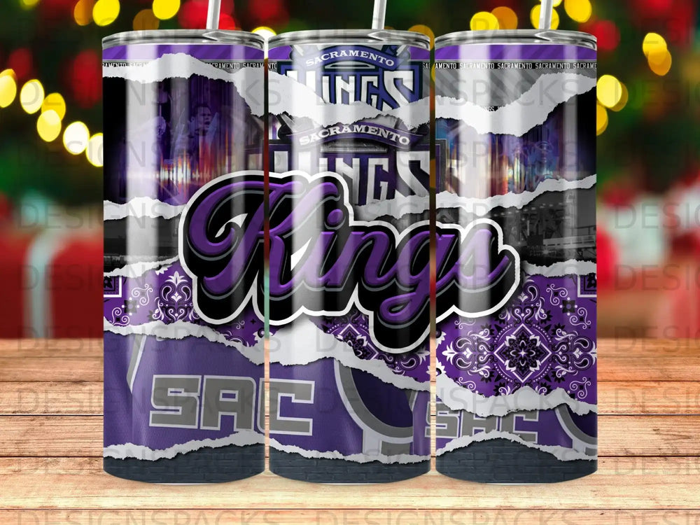 Sacramento Kings logo and bandana pattern on a purple tumbler.