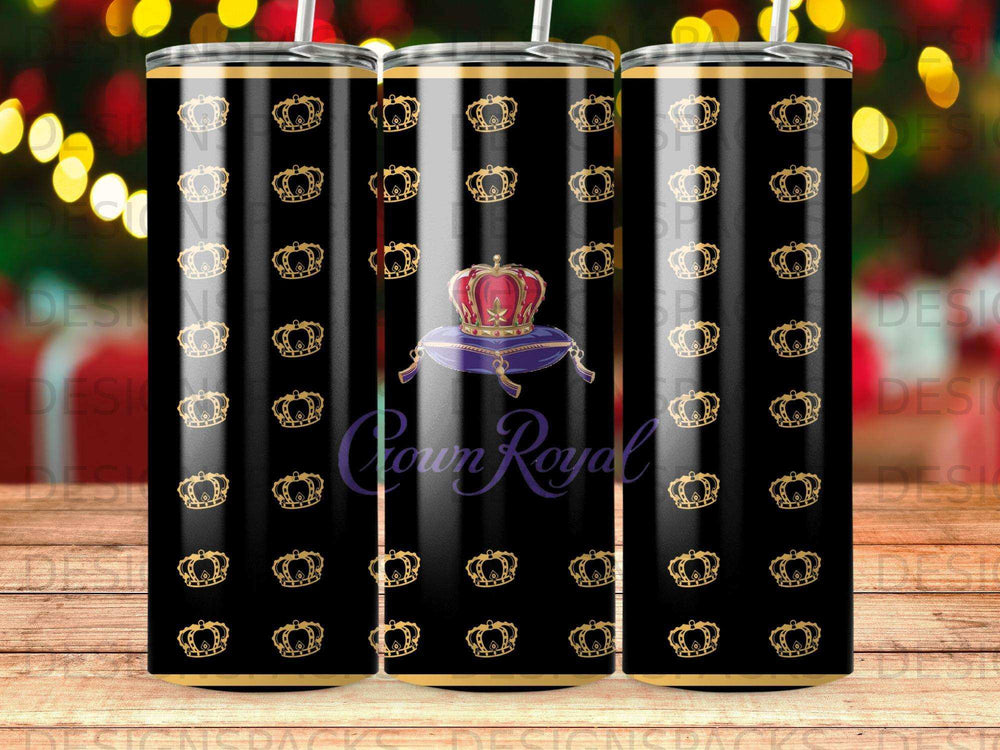 Black tumbler with repeated gold crowns and Crown Royal logo.