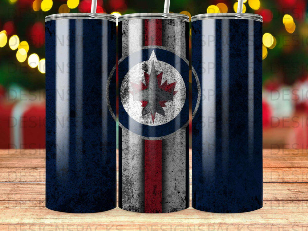 Three navy blue tumblers with a white, red, and blue circular logo.