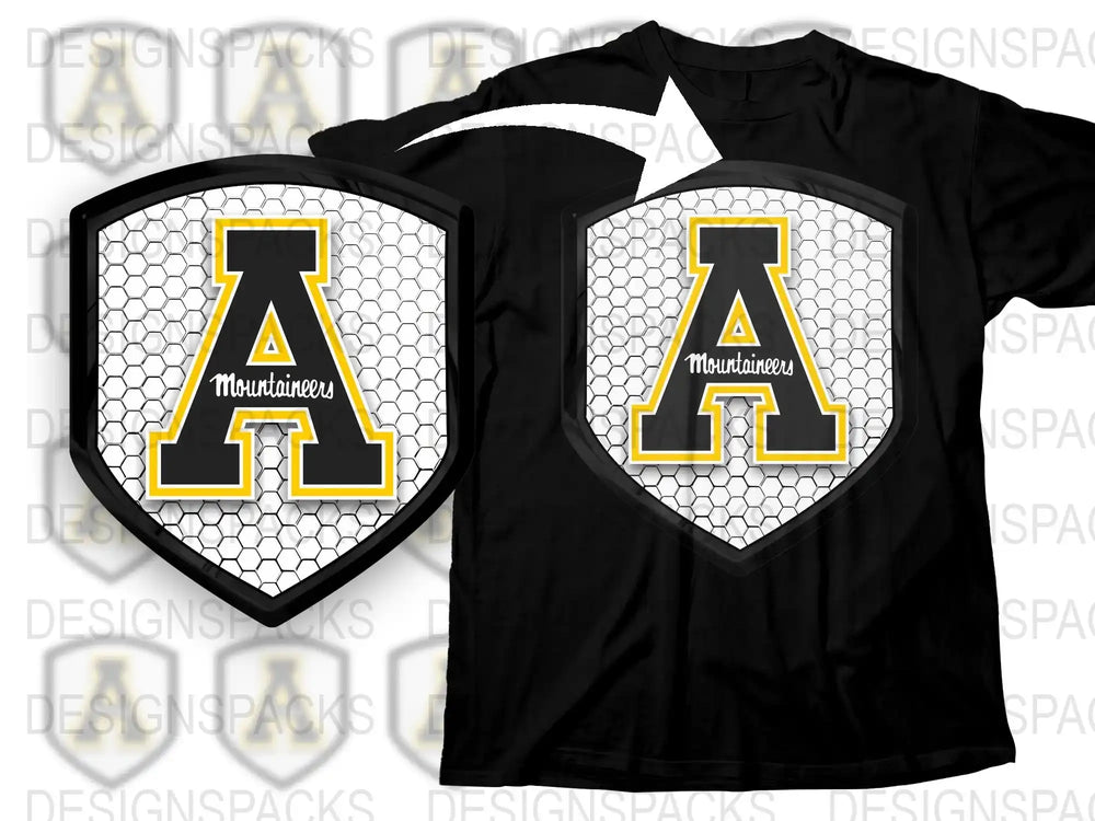Personalized Letter A Mountaineers T-Shirt, Custom Sports Team Tee, Hexagon Pattern, Black and Yellow Graphic Shirt for Fans