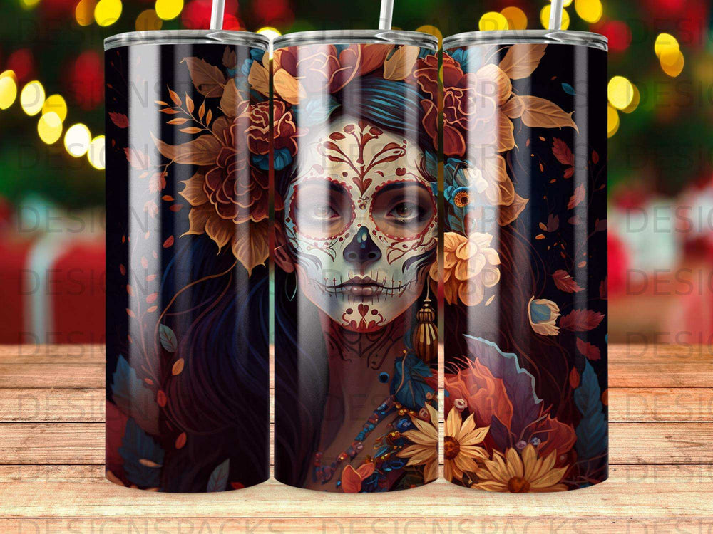 Sugar skull woman with flowers and intricate headdress, 20oz tumbler design.