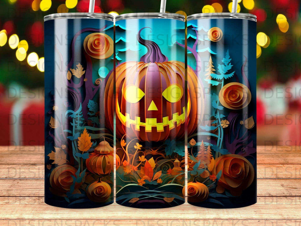 Halloween tumbler with jack-o'-lantern, pumpkins, and spooky forest scene.