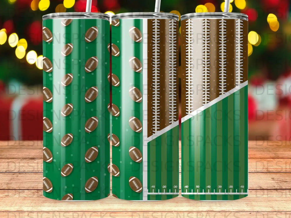 Three tumblers with football pattern and green and brown field markings.