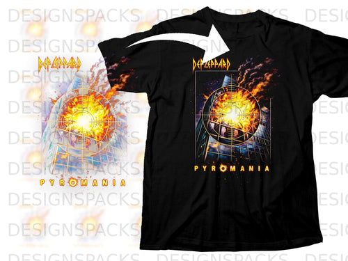 Black t-shirt featuring Def Leppard Pyromania album art with explosion and city.