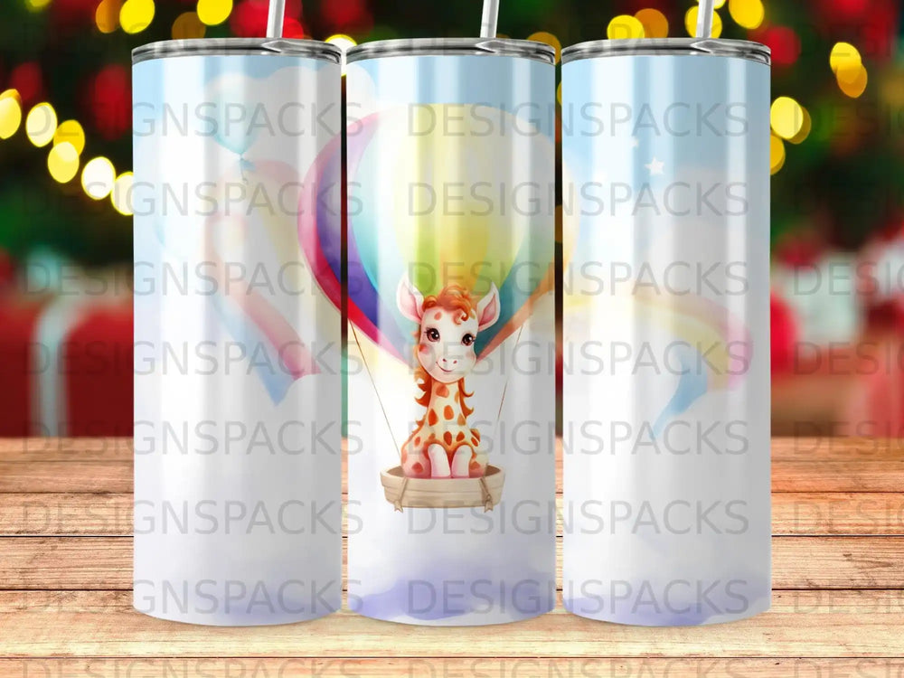 Giraffe in hot air balloon with rainbow and clouds on a tumbler.