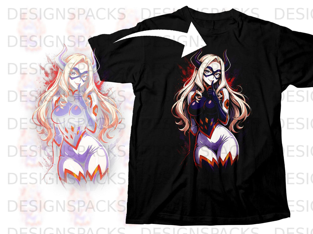 Anime character with blonde hair, horns, and a mask on a black t-shirt.