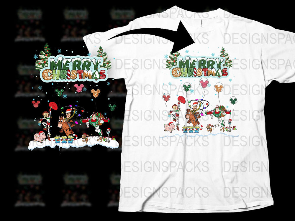 Merry Christmas T-Shirt Cartoon Reindeer Santa Festive Holiday Graphic Tee White Unisex Kids Adults Christmas Apparel