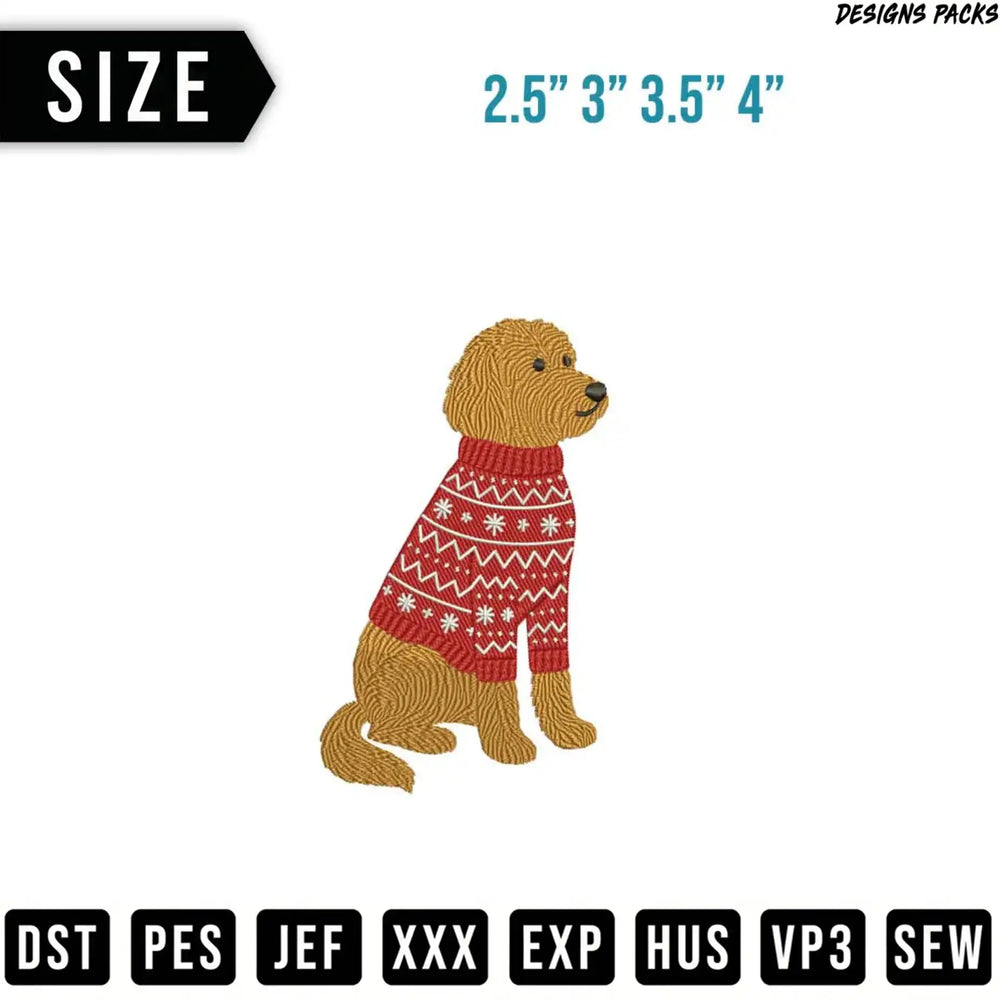 Dog wearing a festive red sweater with white snowflake pattern.