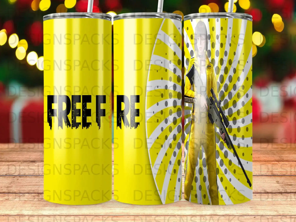 Free Fire tumbler with character art and yellow sunburst pattern.