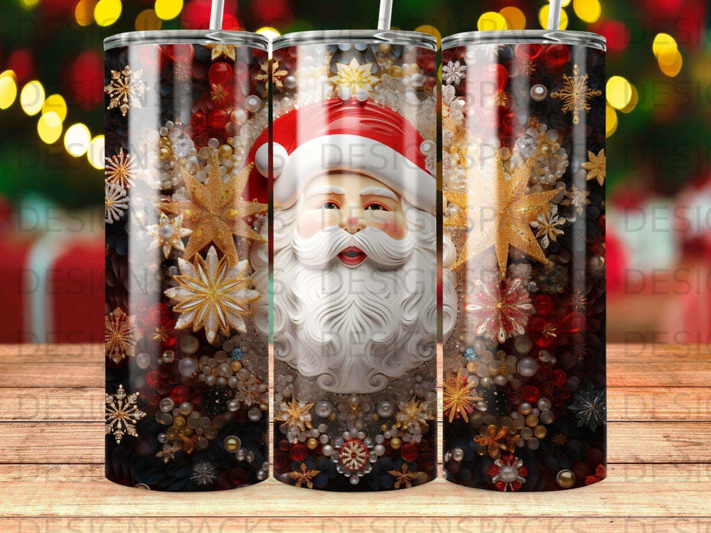 Santa Claus tumbler with snowflakes and ornate red and gold ornaments.