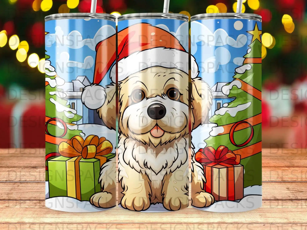 Golden retriever puppy in Santa hat with Christmas presents and tree.