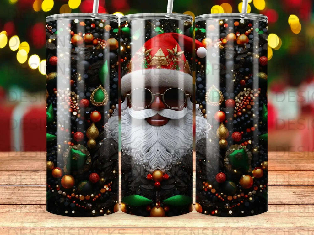 Santa Claus with festive ornaments, beads, and bokeh lights.