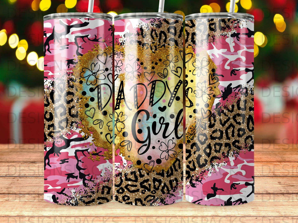 Pink camouflage and leopard print tumbler with "Daddy's Girl" text and hearts.