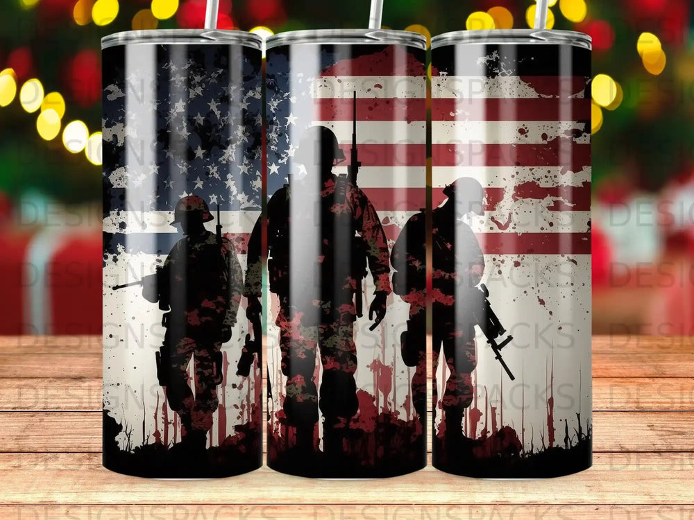 Three soldiers against a distressed American flag backdrop.