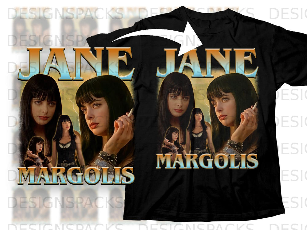 Black t-shirt with "JANE MARGOLIS" text and character images.