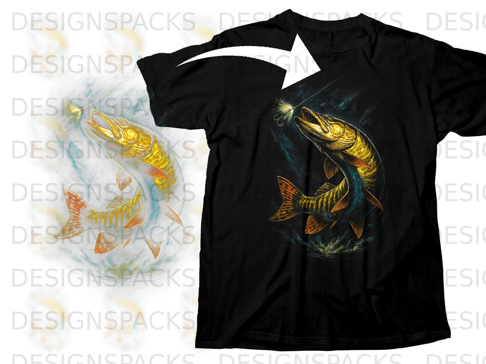 Black t-shirt with a dynamic graphic of a muskie fishing for a lure.