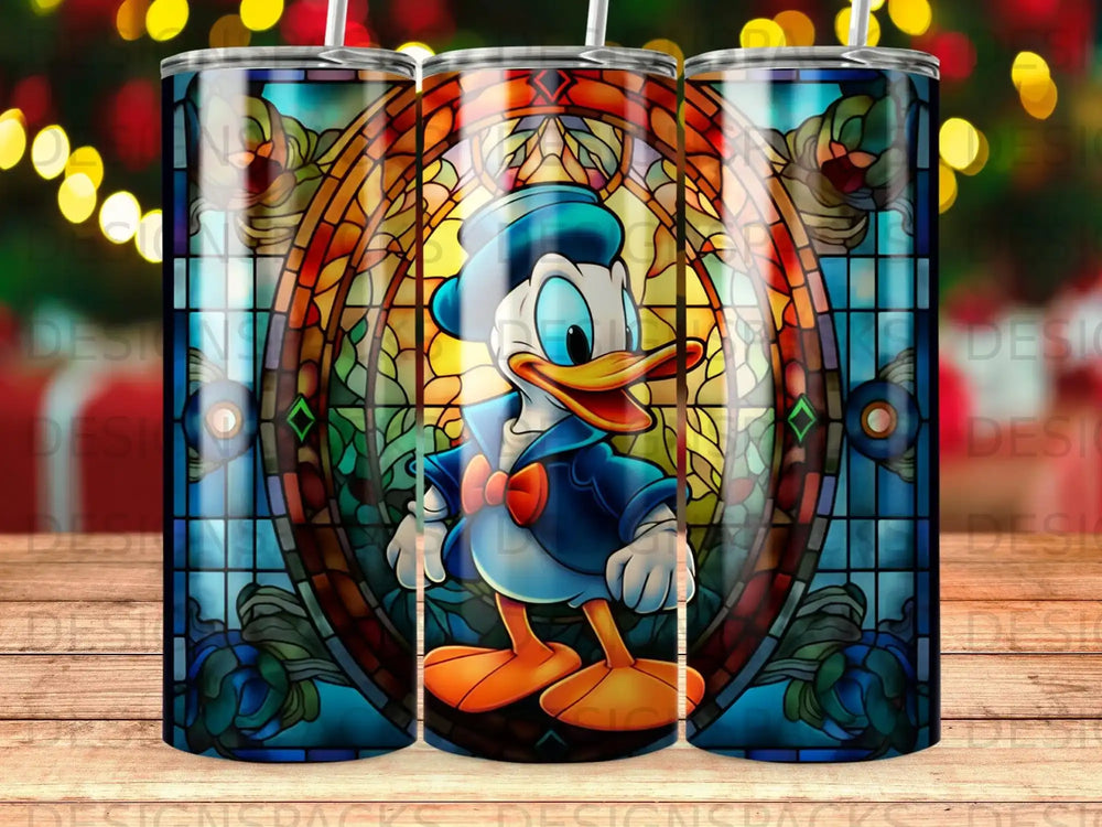 Donald Duck in stained glass pattern on a tumbler.