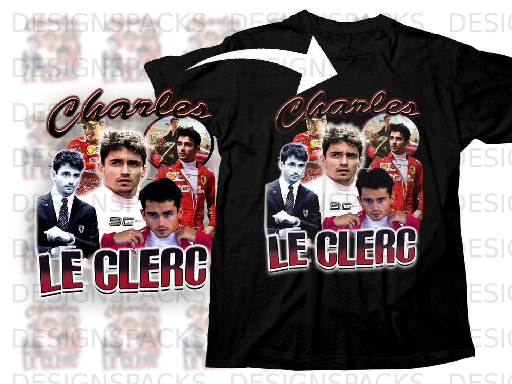 Black t-shirt featuring Charles Leclerc portrait and "LE CLERC" text.