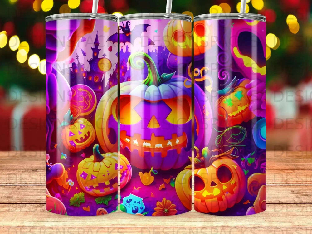 Purple and orange Halloween tumblers with pumpkin and spooky castle designs.
