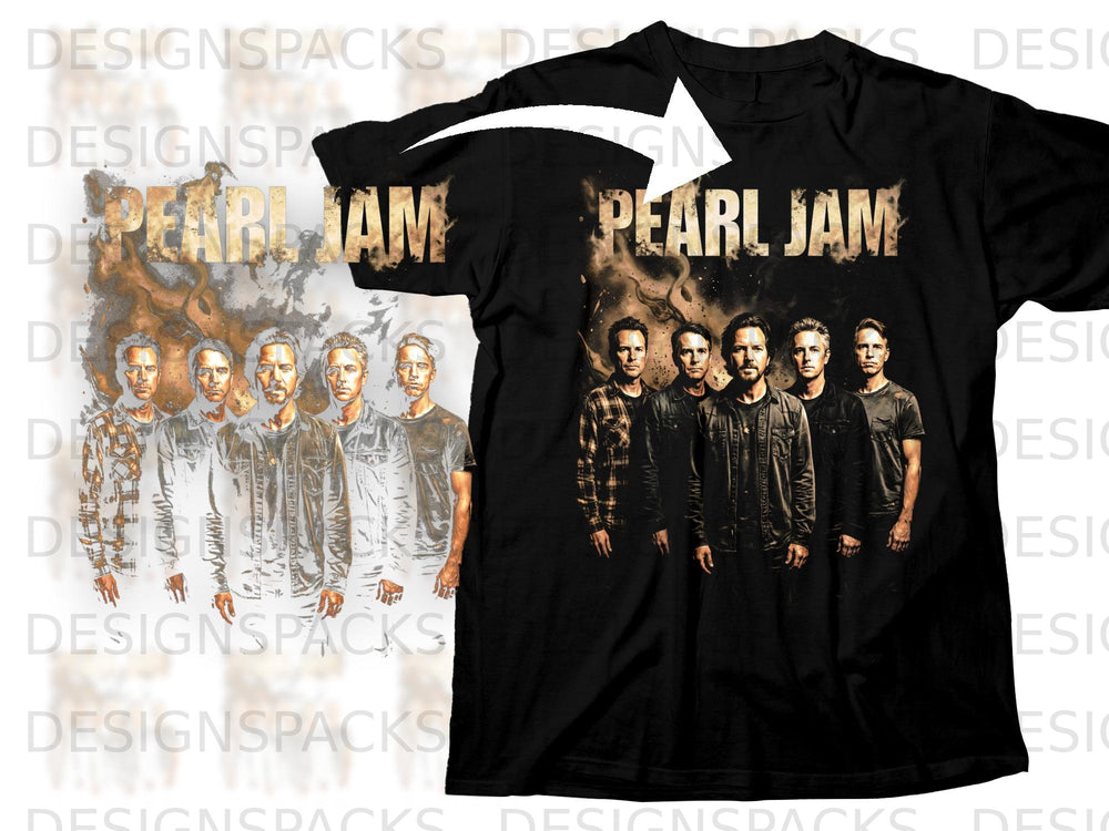 Pearl Jam band members and logo graphic on a black t-shirt.