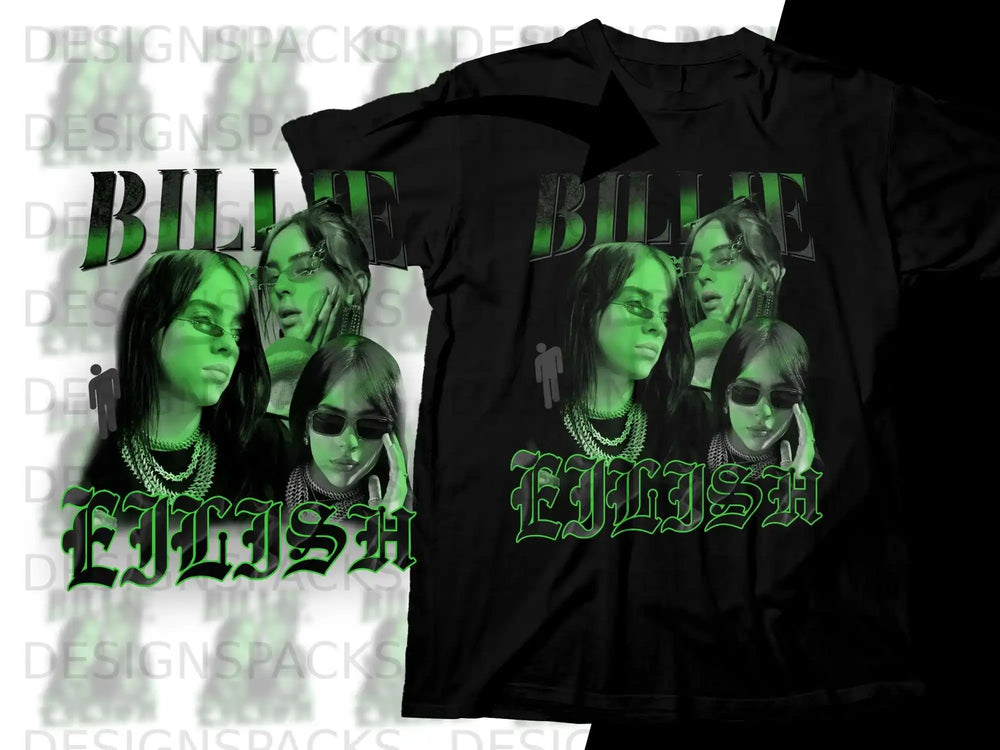 Billie Eilish collage graphic t-shirt with green distressed text.