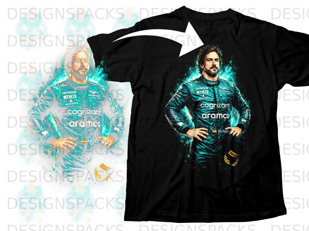 Fernando Alonso in racing suit with Cognizant and Aramco logos on black t-shirt.