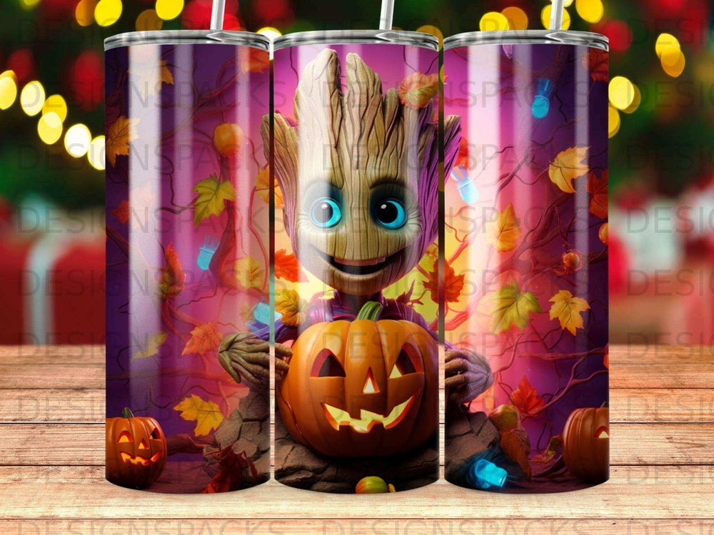 Groot holding a glowing jack-o'-lantern with autumn leaves and pumpkins.