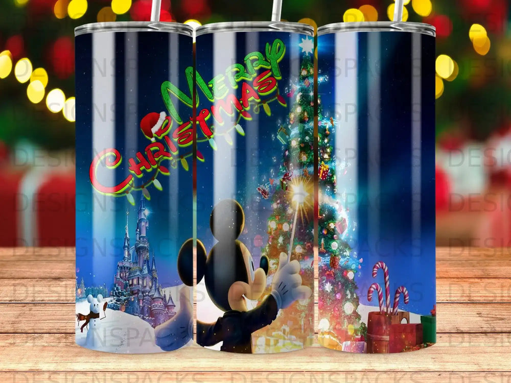 Mickey Mouse near Cinderella Castle with Christmas tree and presents.