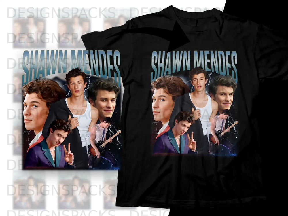 Shawn Mendes collage graphic on black t-shirt.